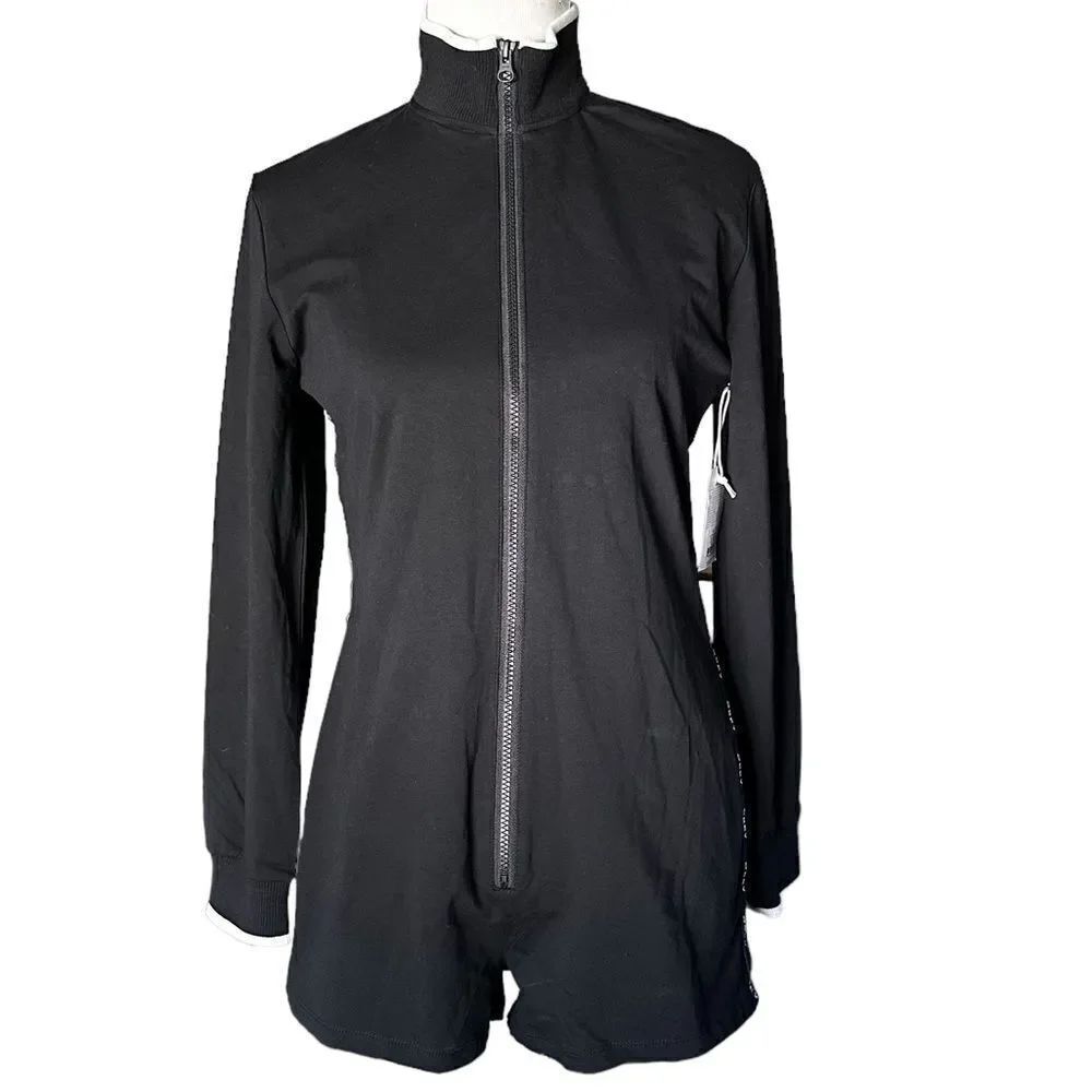 Obey Black Long Sleeved Shorts Front Full Zip Romper Jumpsuit